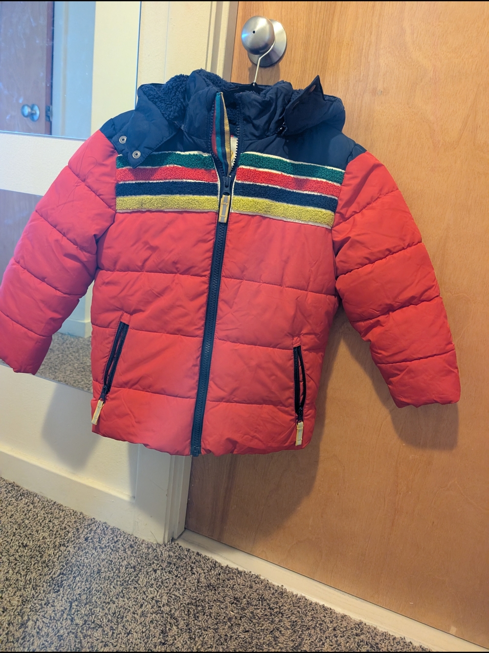 Boden 5-6 Kids Red Coat with Navy Fleece and Multi-Color Stripe Detail
